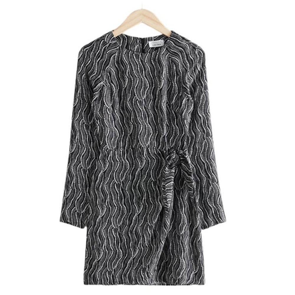 & Other Stories Side Tie Mini Dress Black White Abstract Dot Printed Womens 2